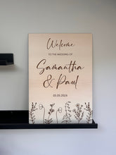 Load image into Gallery viewer, Wooden Wedding Sign, Floral Wooden Wedding Decor, Large Wood Sign,  Welcome to the Wedding of, Welcome Board, A2 Wedding Sign, Sign for Easel