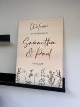 Load image into Gallery viewer, Wooden Wedding Sign, Floral Wooden Wedding Decor, Large Wood Sign,  Welcome to the Wedding of, Welcome Board, A2 Wedding Sign, Sign for Easel