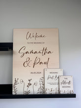 Load image into Gallery viewer, Wooden Wedding Sign, Floral Wooden Wedding Decor, Large Wood Sign,  Welcome to the Wedding of, Welcome Board, A2 Wedding Sign, Sign for Easel
