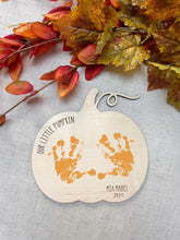 Load image into Gallery viewer, Halloween Handprint Art, Our Little Pumpkin, Handprint Craft, My First Halloween, Halloween Baby, Personalised Keepsake, Halloween Pumpkin