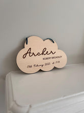 Load image into Gallery viewer, New Baby Gift, Cloud Baby Gift, Personalised New Baby Plaque, Baby Arrival Present, Baby Name Announcement, Wooden Sign with Personalised