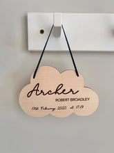 Load image into Gallery viewer, New Baby Gift, Cloud Baby Gift, Personalised New Baby Plaque, Baby Arrival Present, Baby Name Announcement, Wooden Sign with Personalised