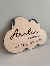 Load image into Gallery viewer, New Baby Gift, Cloud Baby Gift, Personalised New Baby Plaque, Baby Arrival Present, Baby Name Announcement, Wooden Sign with Personalised