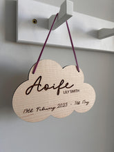 Load image into Gallery viewer, New Baby Gift, Cloud Baby Gift, Personalised New Baby Plaque, Baby Arrival Present, Baby Name Announcement, Wooden Sign with Personalised