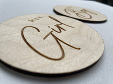 Load image into Gallery viewer, Gender Reveal Wooden Disc, Its a Boy, Its a Girl Announcement, Baby Shower Gift, Surprise Baby Reveal, Baby Announcement, Baby Photo Prop