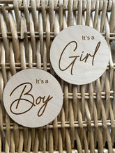 Load image into Gallery viewer, Gender Reveal Wooden Disc, Its a Boy, Its a Girl Announcement, Baby Shower Gift, Surprise Baby Reveal, Baby Announcement, Baby Photo Prop