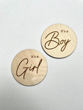 Load image into Gallery viewer, Gender Reveal Wooden Disc, Its a Boy, Its a Girl Announcement, Baby Shower Gift, Surprise Baby Reveal, Baby Announcement, Baby Photo Prop