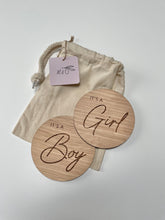 Load image into Gallery viewer, Gender Reveal Wooden Disc, Its a Boy, Its a Girl Announcement, Baby Shower Gift, Surprise Baby Reveal, Baby Announcement, Baby Photo Prop