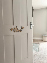 Load image into Gallery viewer, Dinosaur Bedroom, Door Name Sign, Personalised Wooden Name Sign, Butterfly Sign, Kids Door Sign, Nursery Decor, Children's Bedroom Door Sign