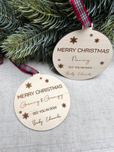 Load image into Gallery viewer, Grandparents Personalised Bauble, Nanny To Be Gift, See You in 2024 Christmas Ornament, Christmas from Bump, Grandparents to be Gift
