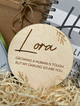 Load image into Gallery viewer, Mum to be Disc,  Pregnancy Gift, Baby Shower Present, Growing a Human, Wooden Disc, Pregnancy hamper Plaque, Expecting Mum Gift, Mummy to Be
