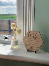 Load image into Gallery viewer, Personalised Oak Home WiFi Sign, Password Plaque, Wooden Internet Sign, New Home Gift, Custom WiFi Disc, Internet Plaque and Stand, Air BNB
