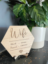 Load image into Gallery viewer, Personalised Oak Home WiFi Sign, Password Plaque, Wooden Internet Sign, New Home Gift, Custom WiFi Disc, Internet Plaque and Stand, Air BNB
