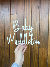 Load image into Gallery viewer, Baby Shower Decor Wooden, Personalised Sign For Baby Shower, Wooden Wreath Sign For Party, Baby Sprinkle Decs, Baby Shower Gift For New Mum
