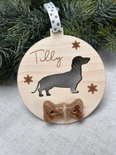 Load image into Gallery viewer, Sausage Dog Christmas Decoration, Dachshund Christmas, Dog Ornament Wood, Personalised Pet Bauble, Custom Christmas Dog Ornament, Dog Xmas
