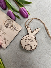 Load image into Gallery viewer, Easter Egg Hunt Labels, Easter Keepsake, Wooden Easter Tags, Wooden Bunny Decoration, Easter Basket Name Tag, Easter Gift for Children
